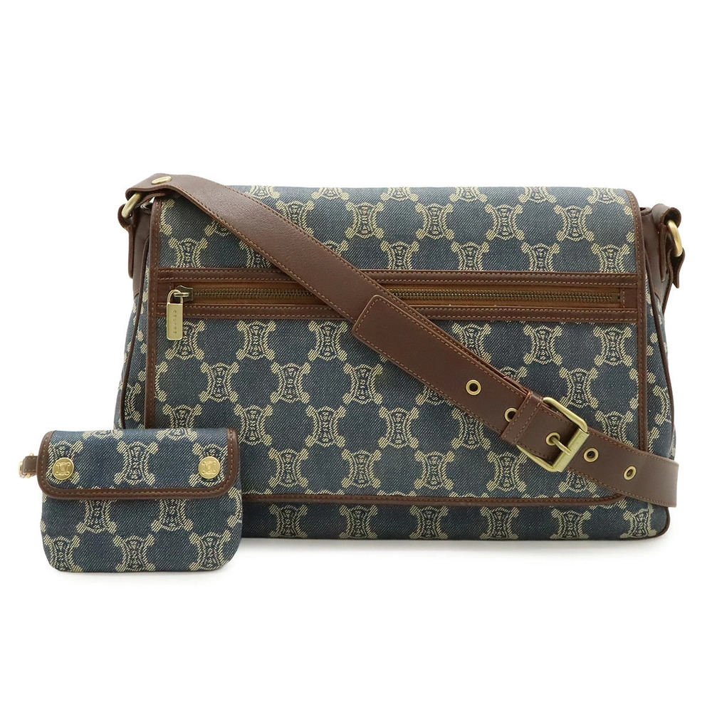 Celine Paris Macadam Bag Messenger Denim Canvas Leather Blue Brown
